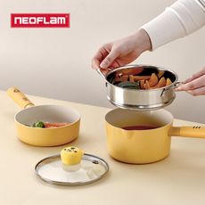 NEOFLAM 小虎系列鑄造鍋具四件組(單柄湯鍋+蒸籠+小炒鍋+玻璃蓋16公分)