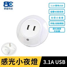 USB智慧感光小夜燈/雙埠USB3.1A/摺疊收納插頭 (BSMI 認證)
