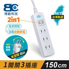 【BC博銓科技】 1開關3插座2孔延長線(1.5米)-過載斷電保護/180度旋轉插頭