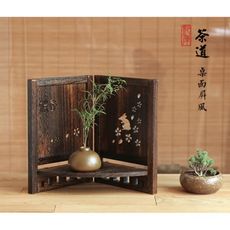 星洋家居小屏風擺件桌面收納架置物架實木臺面小花架展示架茶道裝飾擺件 - 柵格款