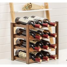 免運桌面紅酒架實木置物架多層葡萄酒展示架簡約餐廳小型竹酒架子 - 胡桃色四層桌面酒架