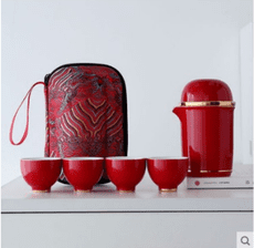 便攜式陶瓷快客一壺四杯旅行茶杯套裝家用泡茶壺功夫茶具簡約 皮革防燙 一體收納