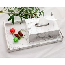 北歐長方形托盤家用創意簡約大理石紋皮托盤大號茶具茶杯水杯托盤 - 大理石纹托盘-白金+纸巾盒