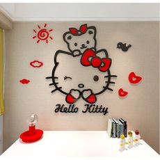 一件免運 hellokitty貓亞克力3d立體墻貼兒童房卡通貼紙臥室床頭墻壁裝飾品 - 超大下單麻煩