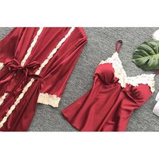 春秋睡衣女性感五件套絲綢吊帶睡裙帶胸墊冰絲薄款睡袍家居服夏季