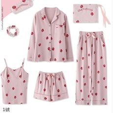 睡衣七件套女夏季純棉長袖薄款草莓韓版學生可外穿家居服套裝春秋
