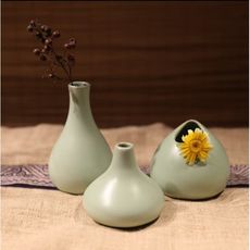 日式清新陶瓷小花瓶擺件花插 手工冰裂汝窯花瓶三件套 茶道花器