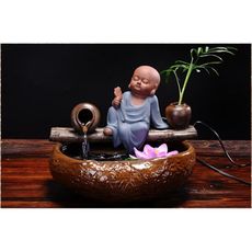 星洋家居小沙彌流水器陶瓷噴泉擺件中式創意家居辦公桌面裝飾品霧化器魚缸 -  悟道+霧化器不含植物