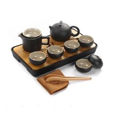 四季安家居日式 茶具 黑陶 側把壺套裝 粗陶茶 壺茶 海茶杯 茶漏 六杯 整套 陶瓷茶具 家用 功夫