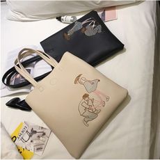 簡約韓國pu皮刺繡單肩手提包女生購物休閑包大學生書包文藝包袋