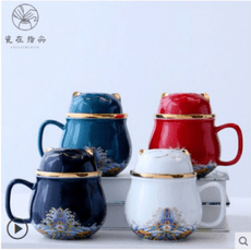 便携式陶瓷旅行茶具茶水分离带盖家用办公过滤泡茶杯猫杯茶杯定制 可爱萌猫 原创中国风 便携旅行包
