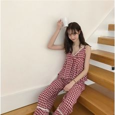 春夏季韓版格子可愛花邊休閑薄款三件套家居服睡衣套裝女士可外穿