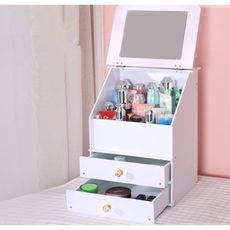 星洋家居 防塵 桌面化妝品收納盒 簡約 帶鏡子梳妝臺 護膚品儲物盒 抽屜式化妝盒 小化妝臺 置物架