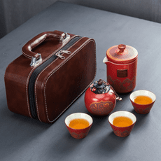 中式單人便攜式 旅行功夫茶具小套裝 收納包一壺三杯+罐快客杯皮包禮盒