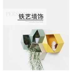 簡約鐵藝六邊形家用墻上裝飾掛件 彩色創意裝置物架花架