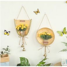 一件免運 創意竹編模擬植物風鈴鈴鐺牆飾ins家居牆壁裝潢壁掛飾牆上裝飾品 風鈴竹編壁掛 竹編植物壁掛