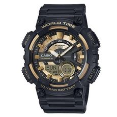 【CASIO】10年電力世界時間膠帶雙顯錶-黑X金 (AEQ-110BW-9A)