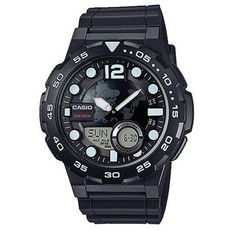 【CASIO】10年電力世界地圖設計概念雙顯錶-黑X藍刻度 (AEQ-100W-1A)