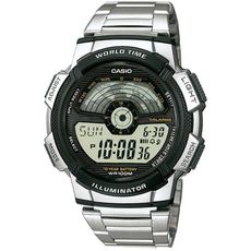 【CASIO】10年電力飛行時光地圖不鏽鋼電子錶-銀X黑(AE-1100WD-1A)