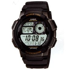 【CASIO】10年電力世界城市野外風格膠帶電子錶-黑框 (AE-1000W-1A)