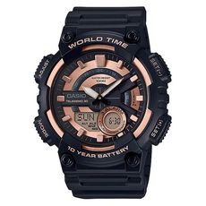 【CASIO】10年電力輪轉立體時刻造型雙顯錶-黑X玫瑰金 (AEQ-110W-1A3)