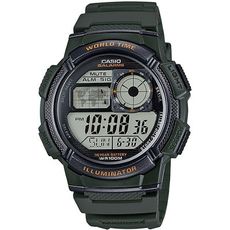 【CASIO】10年電力世界城市野外風格膠帶電子錶-綠 (AE-1000W-3A)