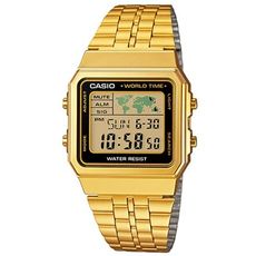 【CASIO】世界城市復古摩登不鏽鋼電子金錶-黑框 (A-500WGA-1)