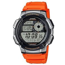 【CASIO】10年電力世界城市野外風格膠帶電子錶-橘 (AE-1000W-4B)
