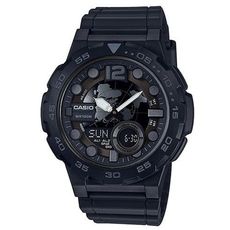 【CASIO】10年電力世界地圖設計概念雙顯錶-黑x銀刻度 (AEQ-100W-1B)