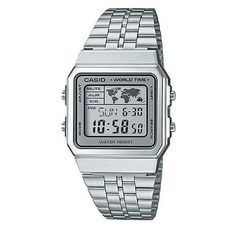【CASIO】世界城市復古風不鏽鋼電子錶-灰框 (A-500WA-7)