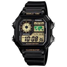 【CASIO】十年之旅世界城市方款膠帶電子錶-黃面 (AE-1200WH-1B)