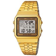 【CASIO】世界城市復古摩登不鏽鋼電子金錶-金框 (A-500WGA-9)