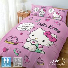 BUTTERFLY-台灣製造卡通授權枕套床包三件組-Hello Kitty開心小茶會(雙人)