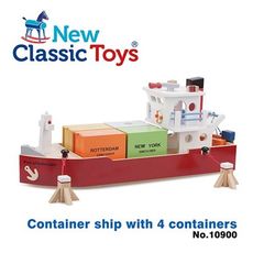 【荷蘭 New classic toys】貨櫃系列-木製裝運貨櫃船玩具 10900