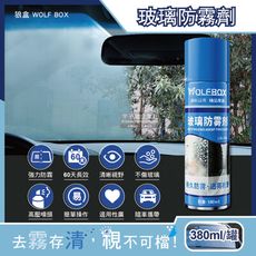 狼盒WOLF BOX-奈米科技防炫光清晰透亮汽車玻璃鏡片防霧劑380ml/藍罐