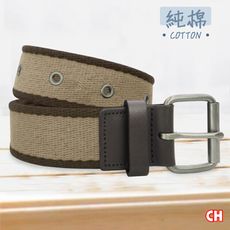 【CH-BELT 銓丞皮帶】新潮雙配色 打釘造型 純棉織帶 男休閒腰帶(卡其)