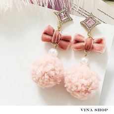 CNTOP韓版耳飾 粉色蝴蝶結毛球水鑽耳環耳飾 耳針
