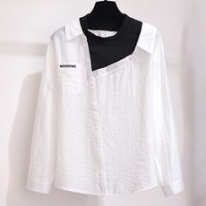 韓版假兩件長袖寬鬆設計感撞色拼接白襯衫棉質上衣CNTOP