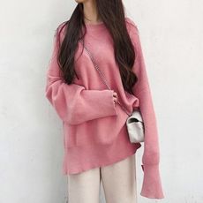 韓版寬鬆毛衣純色中長款針織衫CNTOP