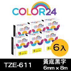 【COLOR24】for Brother TZE-611 (寬度6mm) 黃底黑字相容標籤帶／6入組