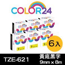 【COLOR24】Brother TZE-621 (寬度9mm) 黃底黑字相容標籤帶／6入組