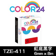 【COLOR24】for Brother TZE-411 (寬度6mm) 紅底黑字相容標籤帶