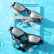電鍍防霧泳鏡 連體耳塞式 流線型 電鍍泳鏡 平光泳鏡  游泳眼鏡 柔軟矽膠 成人泳鏡 蛙鏡