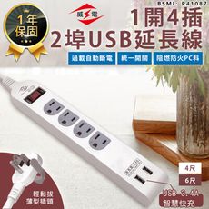 【最新安規！威電 1開4插2埠USB延長線6尺】延長線 插座 USB延長線 延長線插座 電腦延長線