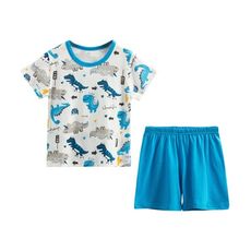春夏童裝 透氣短袖上衣 褲子套裝 外出服 居家服 兒童睡衣藍色恐龍款-雪倫媽咪屋