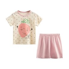 春夏童裝 透氣短袖上衣 褲子套裝 外出服 居家服 兒童睡衣草莓款-雪倫媽咪屋