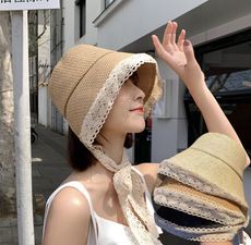 蘿莉帽 蕾絲緞帶草帽 夏天渡假 防曬遮陽帽子