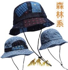 復古提花設計拼格牛仔漁夫帽男女款盆帽登山帽布帽子