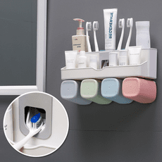 【STAR CANDY】(四口款) 多功能牙刷架 自動擠牙膏器 牙刷架 壁掛 置物架 浴室置物架