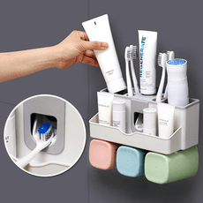 【STAR CANDY】(三口款) 多功能牙刷架 自動擠牙膏器 牙刷架 壁掛 置物架 浴室置物架